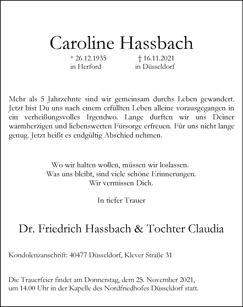  Traueranzeige für Caroline Hassbach vom 20.11.2021 aus Rheinische Post