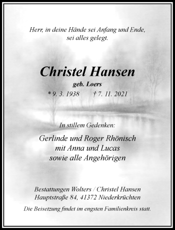 Traueranzeige von Christel Hansen von Rheinische Post