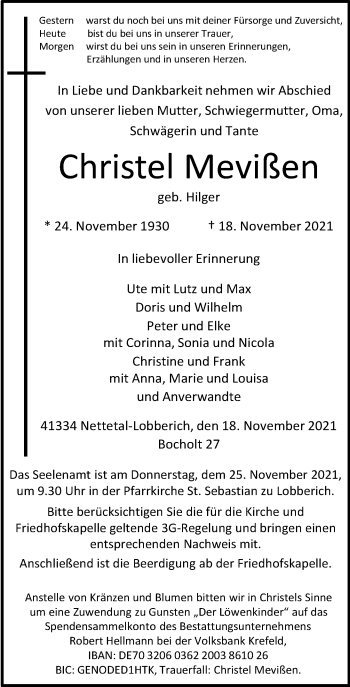 Traueranzeige von Christel Mevißen von Rheinische Post