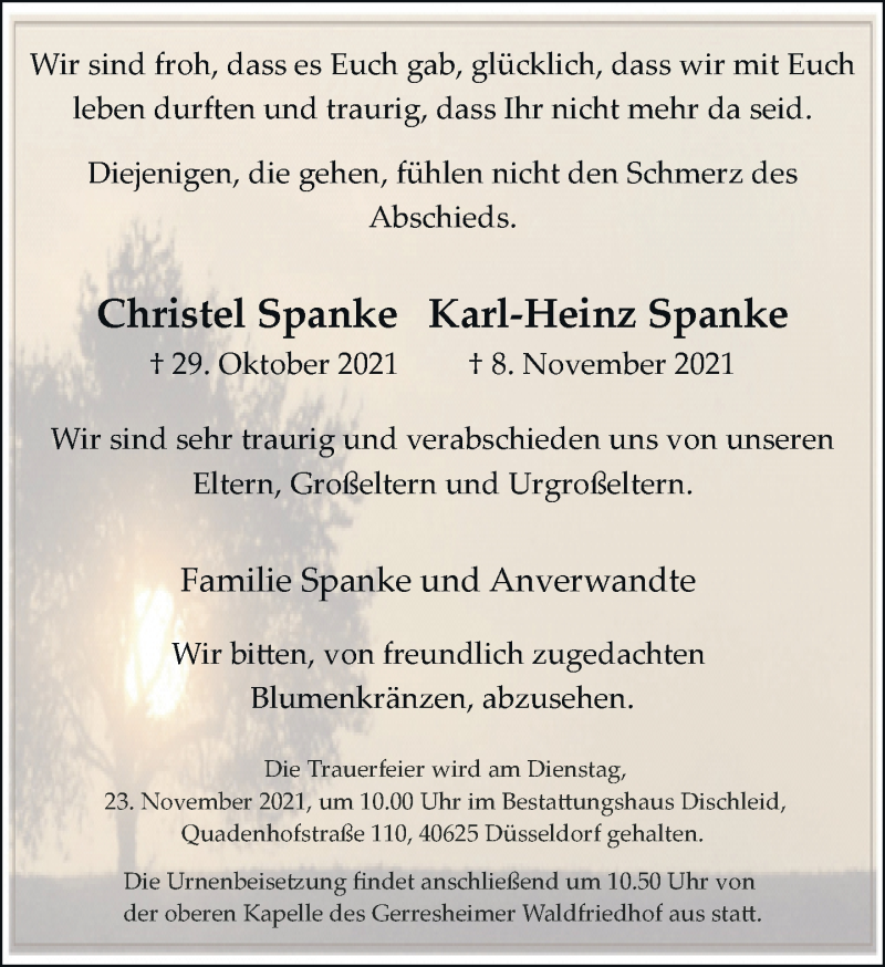  Traueranzeige für Christel und Karl-Heinz Spanke vom 20.11.2021 aus Rheinische Post