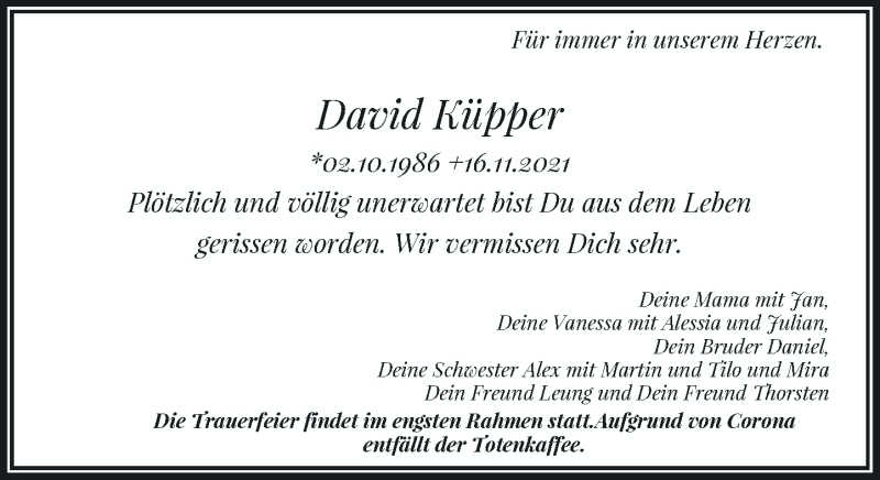 Traueranzeige für David Küpper vom 27.11.2021 aus Rheinische Post