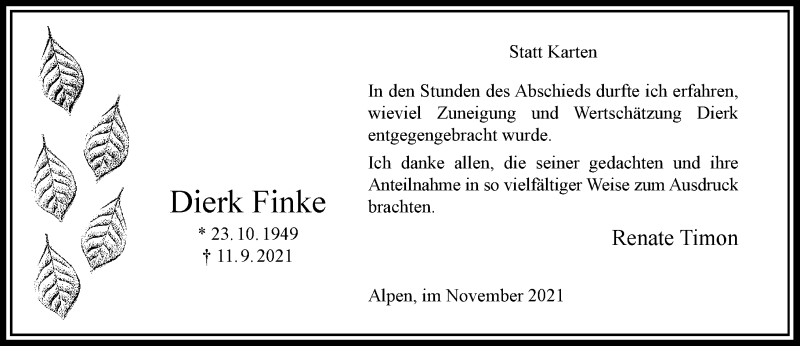  Traueranzeige für Dierk Finke vom 20.11.2021 aus Rheinische Post