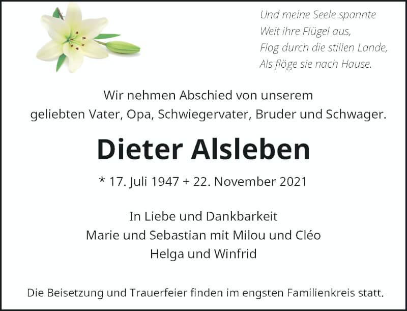  Traueranzeige für Dieter Alsleben vom 27.11.2021 aus Rheinische Post