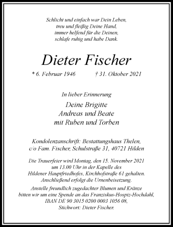Traueranzeige von Dieter Fischer von Rheinische Post