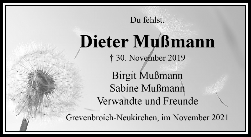  Traueranzeige für Dieter Mußmann vom 30.11.2021 aus Rheinische Post