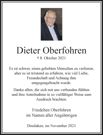 Traueranzeige von Dieter Oberfohren von Rheinische Post