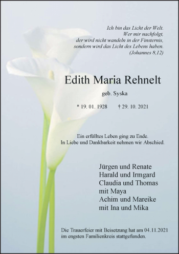 Traueranzeige von Edith Maria Rehnelt von Rheinische Post