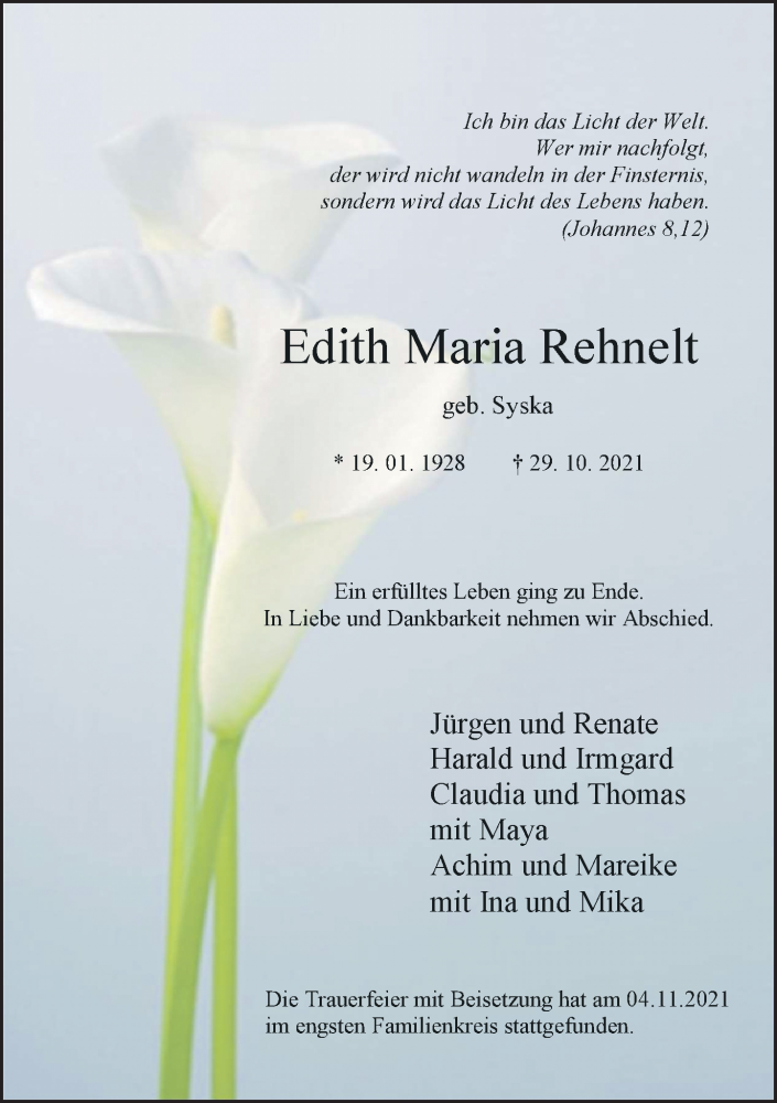  Traueranzeige für Edith Maria Rehnelt vom 09.11.2021 aus Rheinische Post