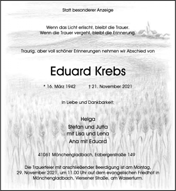 Traueranzeige von Eduard Krebs von Rheinische Post