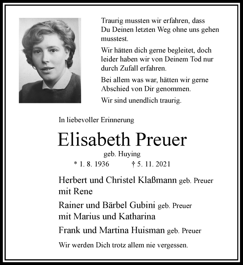  Traueranzeige für Elisabeth Preuer vom 24.11.2021 aus Rheinische Post