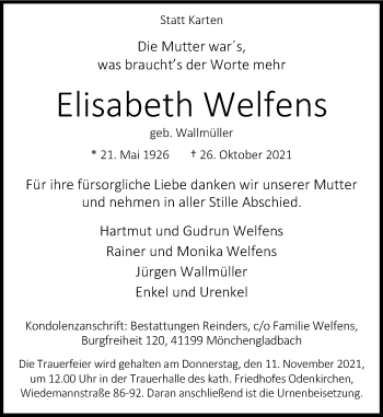 Traueranzeige von Elisabeth Welfens von Rheinische Post