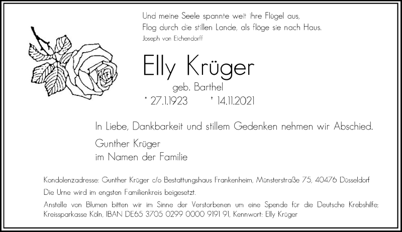  Traueranzeige für Elly Krüger vom 20.11.2021 aus Rheinische Post