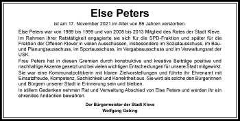Traueranzeige von Else Peters von Rheinische Post