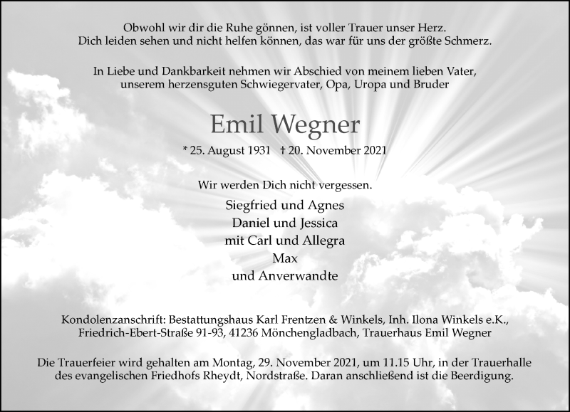  Traueranzeige für Emil Wegner vom 27.11.2021 aus Rheinische Post