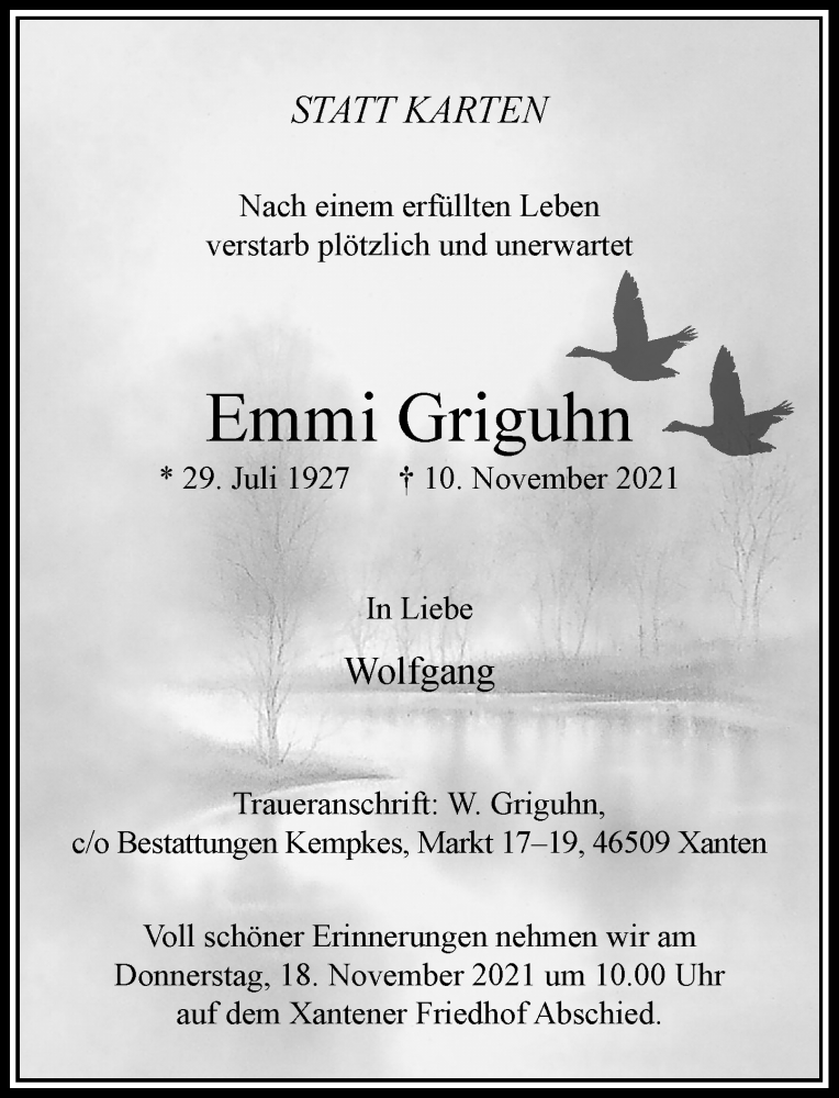  Traueranzeige für Emmi Griguhn vom 16.11.2021 aus Rheinische Post