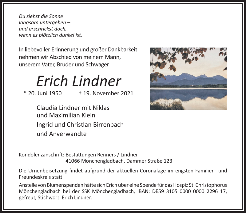  Traueranzeige für Erich Lindner vom 27.11.2021 aus Rheinische Post