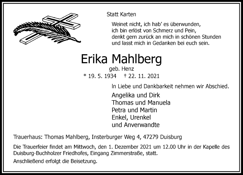 Traueranzeige für Erika Mahlberg vom 27.11.2021 aus Rheinische Post