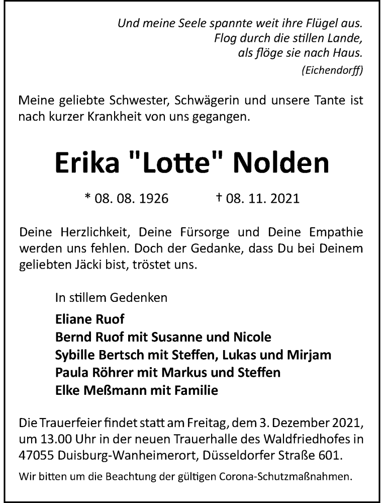  Traueranzeige für Erika  Nolden vom 27.11.2021 aus Rheinische Post