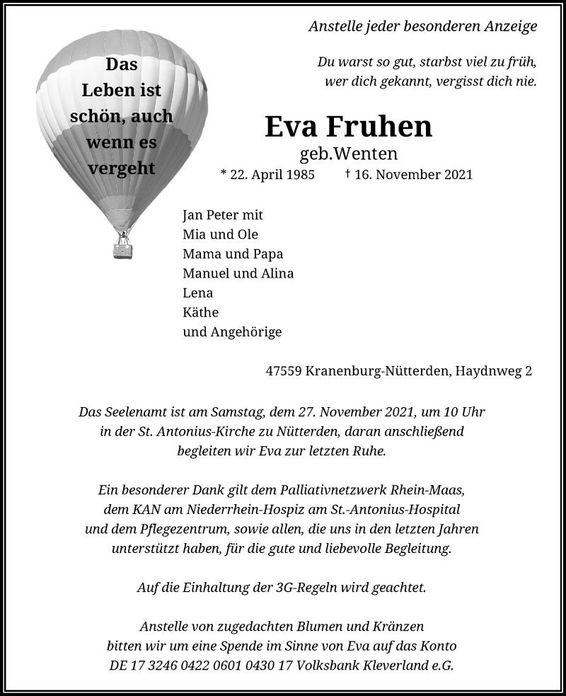  Traueranzeige für Eva Fruhen vom 20.11.2021 aus Rheinische Post