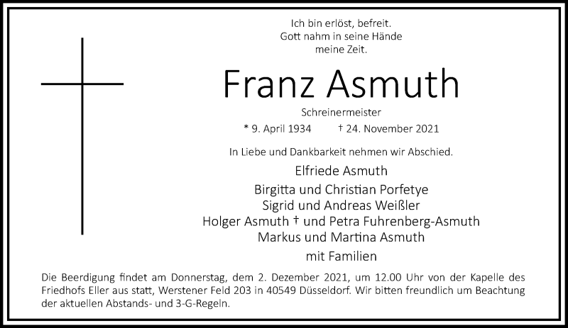  Traueranzeige für Franz Asmuth vom 27.11.2021 aus Rheinische Post