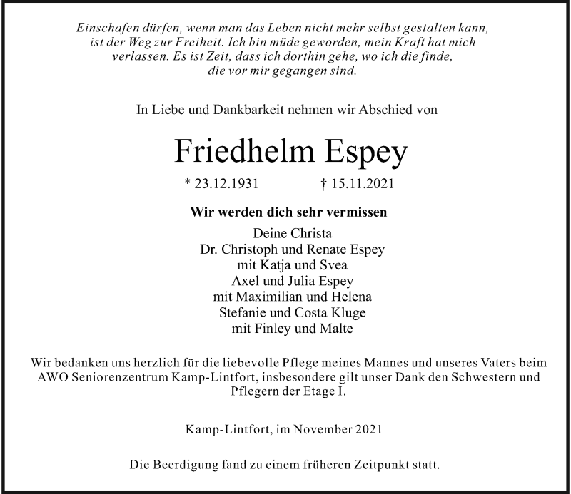  Traueranzeige für Friedhelm Espey vom 27.11.2021 aus Rheinische Post