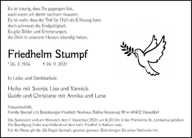  Traueranzeige für Friedhelm Stumpf vom 27.11.2021 aus Rheinische Post