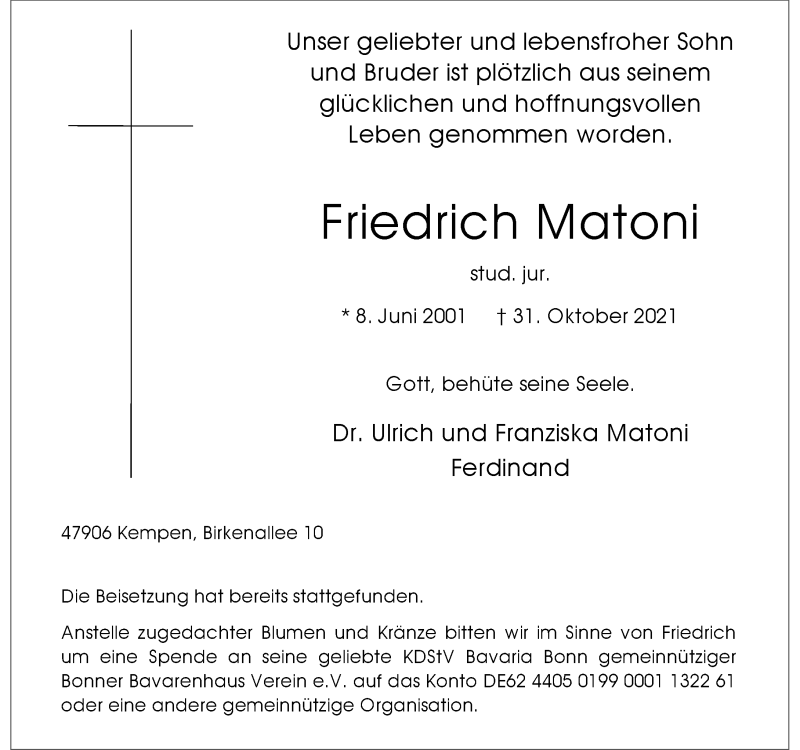  Traueranzeige für Friedrich Matoni vom 13.11.2021 aus Rheinische Post