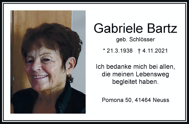  Traueranzeige für Gabriele Bartz vom 13.11.2021 aus Rheinische Post