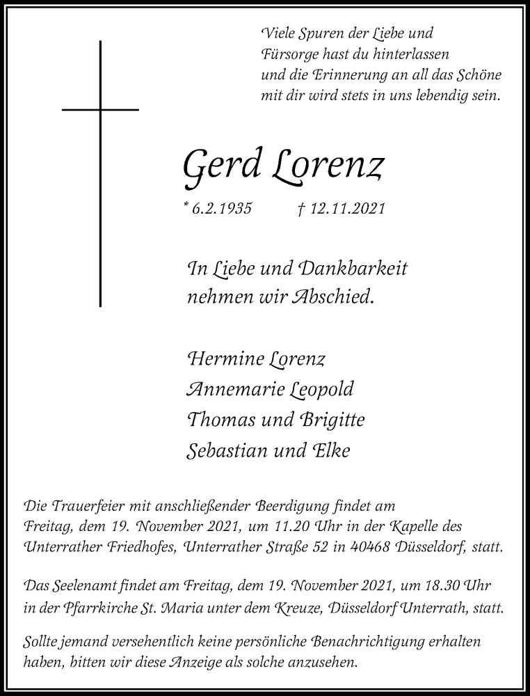  Traueranzeige für Gerd Lorenz vom 17.11.2021 aus Rheinische Post