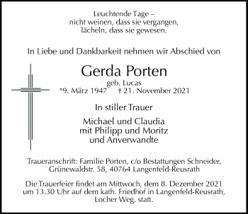 Traueranzeige von Gerda Porten von Rheinische Post