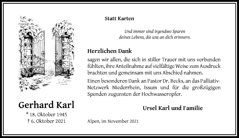  Traueranzeige für Gerhard Karl vom 27.11.2021 aus Rheinische Post