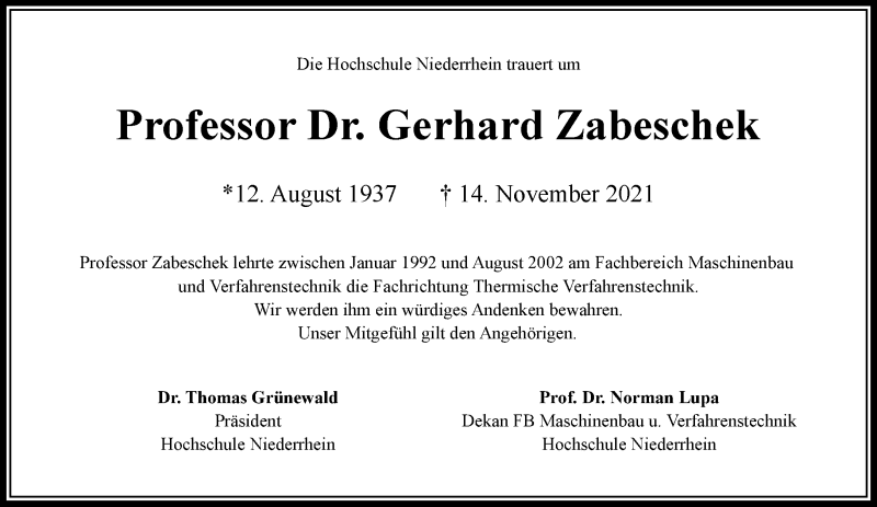  Traueranzeige für Gerhard Zabeschek vom 01.12.2021 aus Rheinische Post