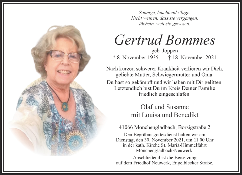  Traueranzeige für Gertrud Bommes vom 27.11.2021 aus Rheinische Post