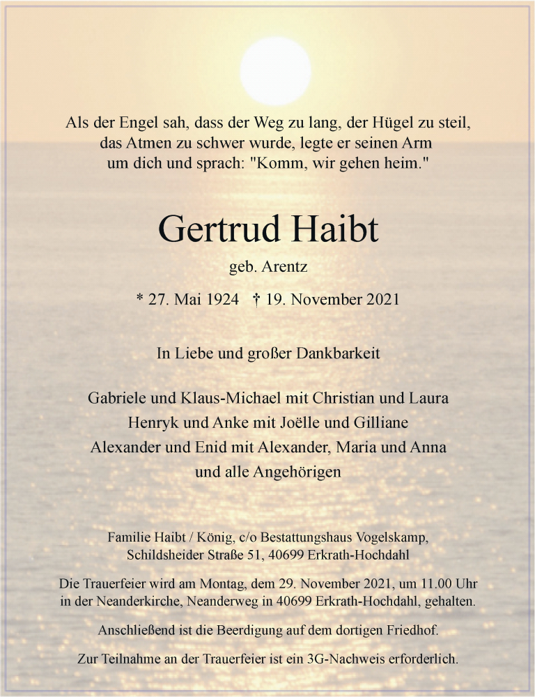  Traueranzeige für Gertrud Haibt vom 27.11.2021 aus Rheinische Post
