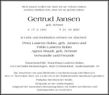 Traueranzeige von Gertrud Jansen von Rheinische Post