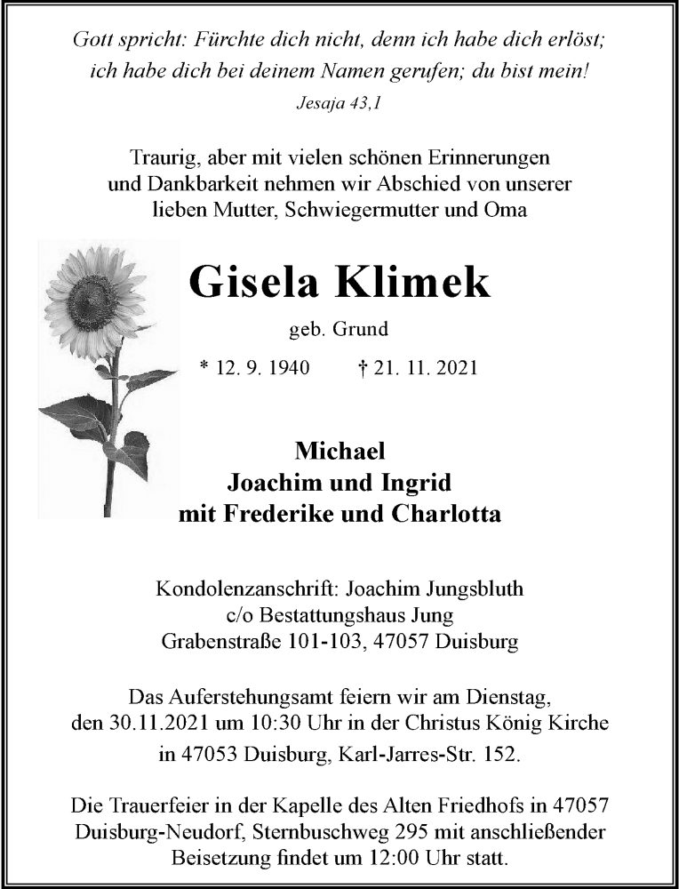  Traueranzeige für Gisela Klimek vom 27.11.2021 aus Rheinische Post