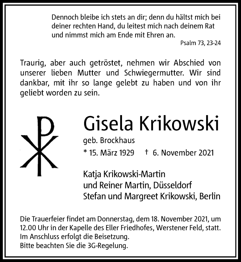  Traueranzeige für Gisela Krikowski vom 13.11.2021 aus Rheinische Post