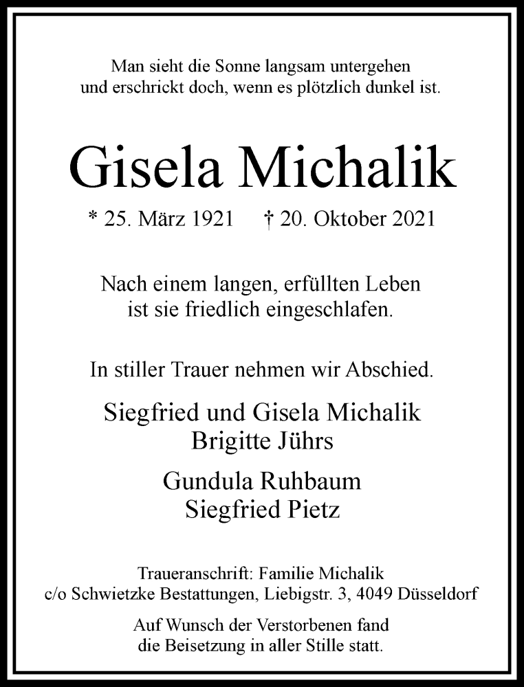  Traueranzeige für Gisela Michalik vom 20.11.2021 aus Rheinische Post