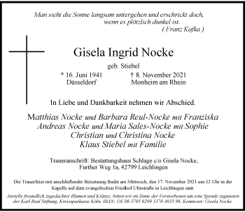 Traueranzeige von Gisela Ingrid Nocke von Rheinische Post