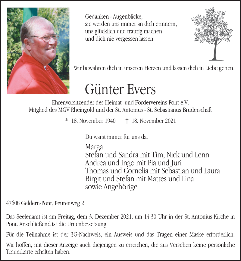  Traueranzeige für Günter Evers vom 27.11.2021 aus Rheinische Post