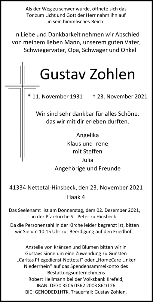  Traueranzeige für Gustav Zohlen vom 27.11.2021 aus Rheinische Post