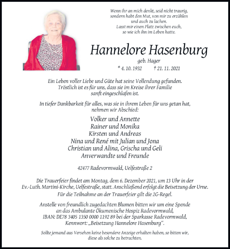  Traueranzeige für Hannelore Hasenburg vom 27.11.2021 aus Rheinische Post