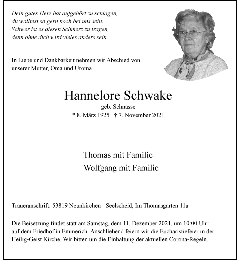  Traueranzeige für Hannelore Schwake vom 27.11.2021 aus Rheinische Post