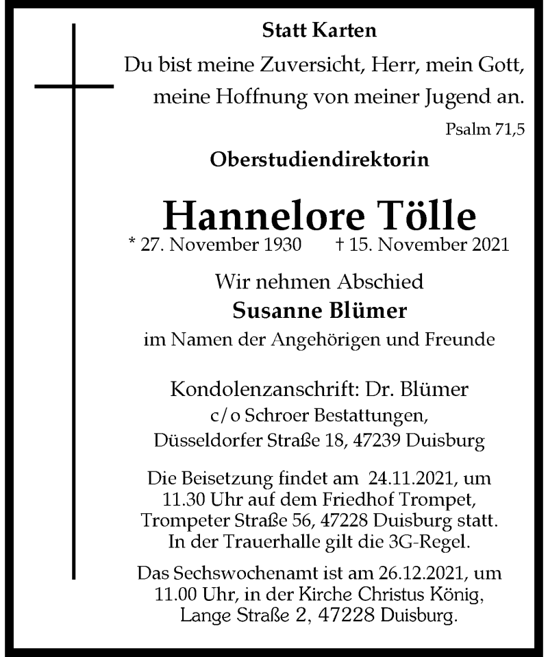  Traueranzeige für Hannelore Tölle vom 20.11.2021 aus Rheinische Post