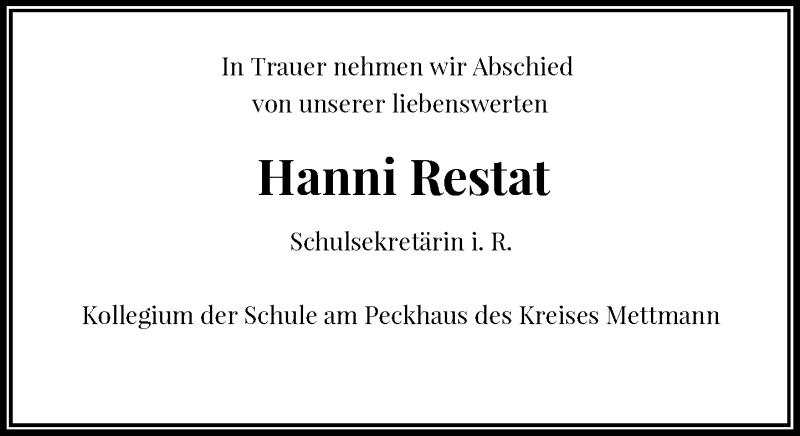  Traueranzeige für Hanni Restat vom 27.11.2021 aus Rheinische Post