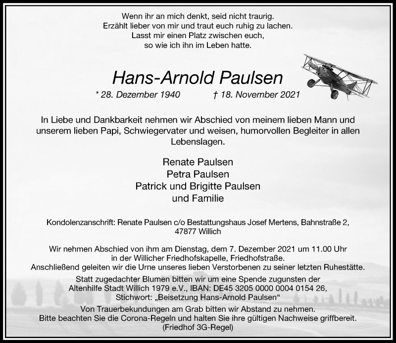  Traueranzeige für Hans-Arnold Paulsen vom 04.12.2021 aus Rheinische Post