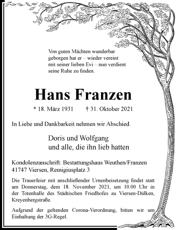 Traueranzeige von Hans Franzen von Rheinische Post