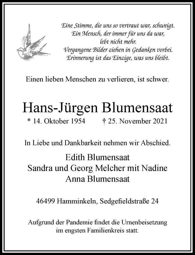  Traueranzeige für Hans-Jürgen Blumensaat vom 27.11.2021 aus Rheinische Post