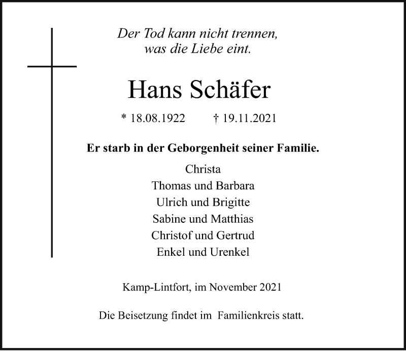  Traueranzeige für Hans Schäfer vom 27.11.2021 aus Rheinische Post