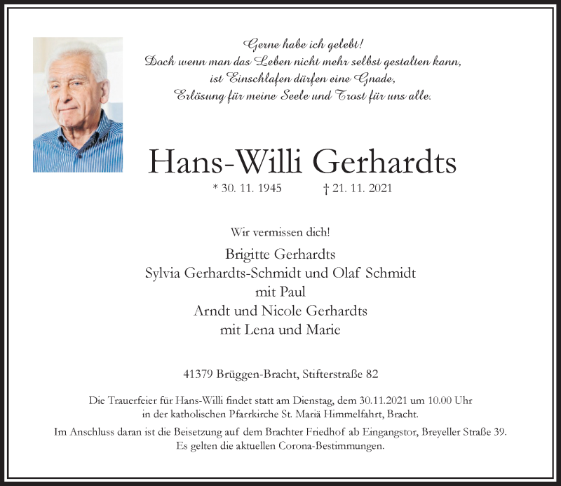  Traueranzeige für Hans-Willi Gerhardts vom 27.11.2021 aus Rheinische Post